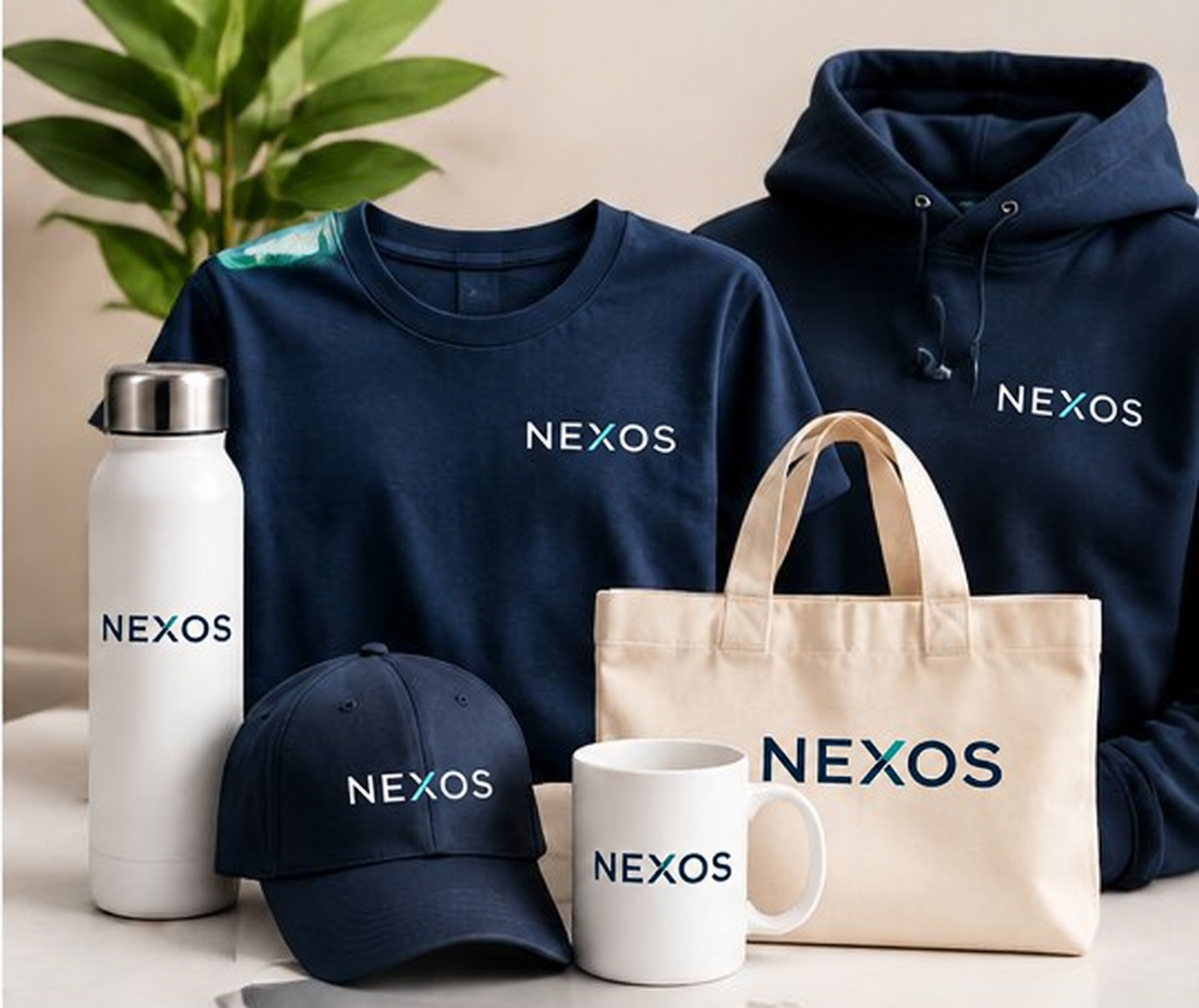Ejemplos de polera, polerón, bolso, botella, gorro y taza personalizados Nexos